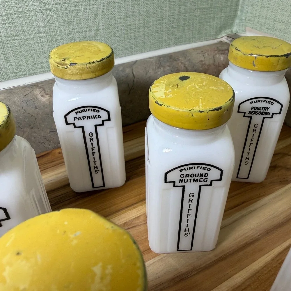 Vintage Griffiths Milk Glass Spice Jars Set of 9 White Art Deco Yellow Lids